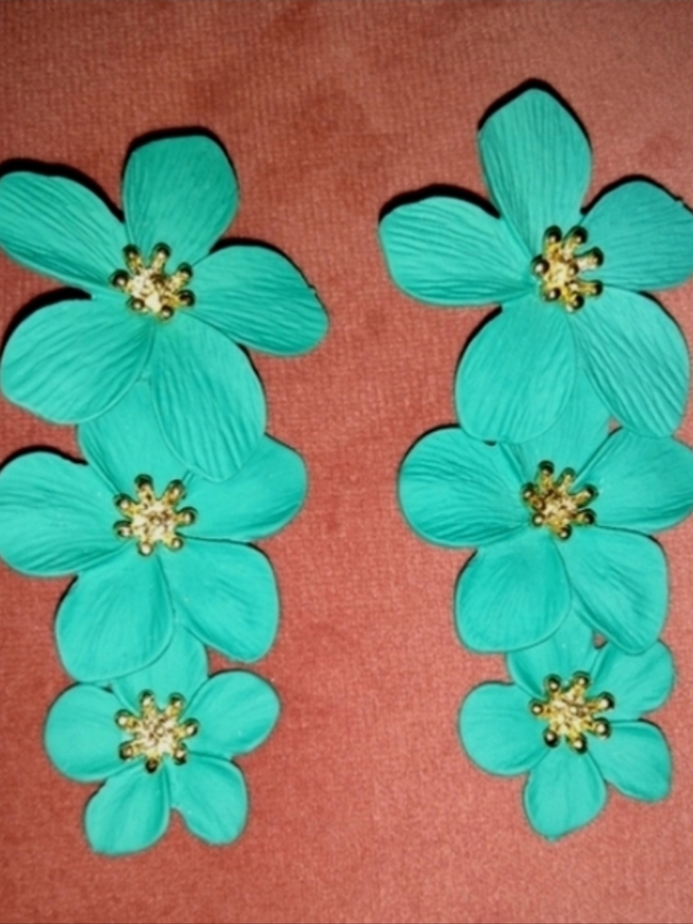 Big Aqua Blue Turquoise Triple Flower Blossom Earrings 3D Large Floral 3 Flowers - Picture 2 of 5